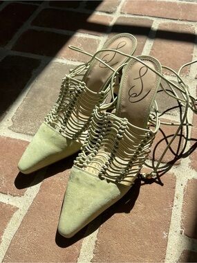 Sam Edelman Lace-Up Pointed Heels in Light Green